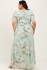Light Olive Floral Chiffon Sash Tie Plus Maxi Dress