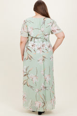 Light Olive Floral Chiffon Sash Tie Maternity Plus Maxi Dress