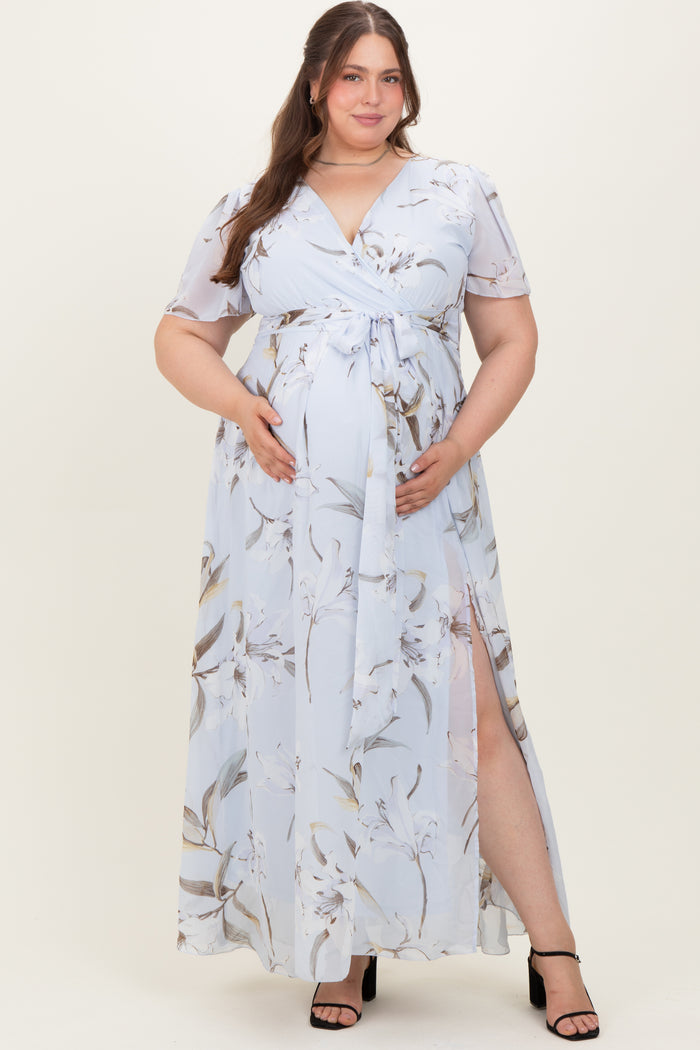 Light Blue Floral Chiffon Sash Tie Maternity Plus Maxi Dress