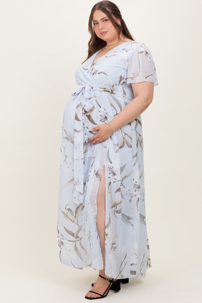 Light Blue Floral Chiffon Sash Tie Maternity Plus Maxi Dress