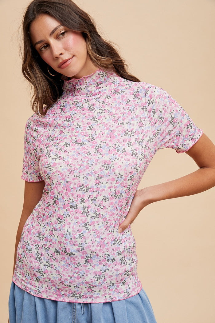 Pink Floral Ruffle Mock Neck Maternity Short Sleeve Top