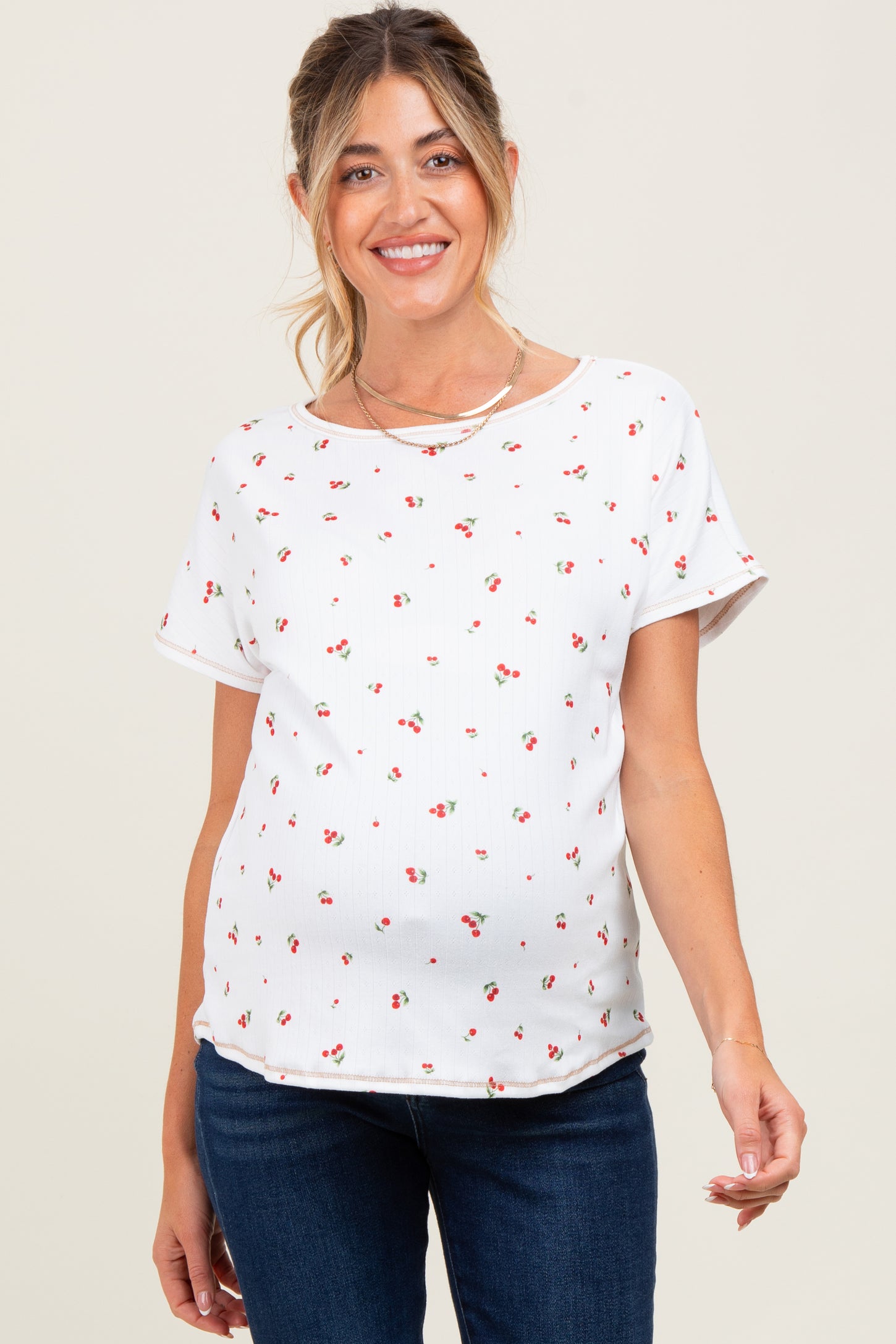 Ivory Cherry Print Ribbed Maternity Short Sleeve Tee