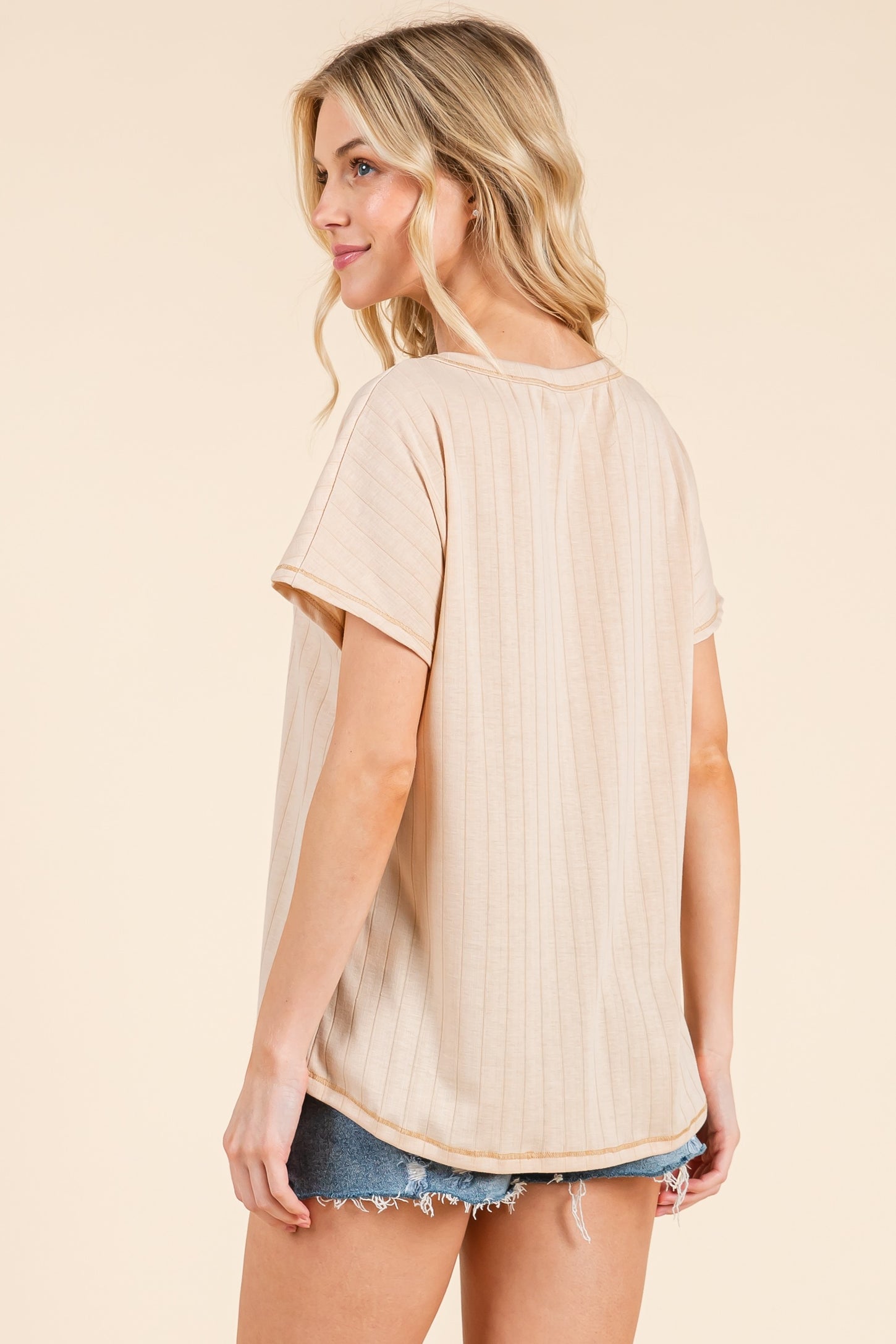 Beige Ribbed Relaxed Tee