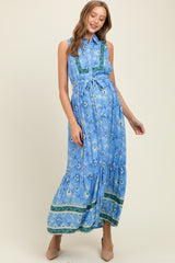 Blue Border Print Collared Button Down Maternity Maxi Dress