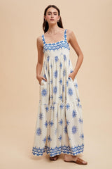 Blue Border Print Sleeveless Tiered Maxi Dress