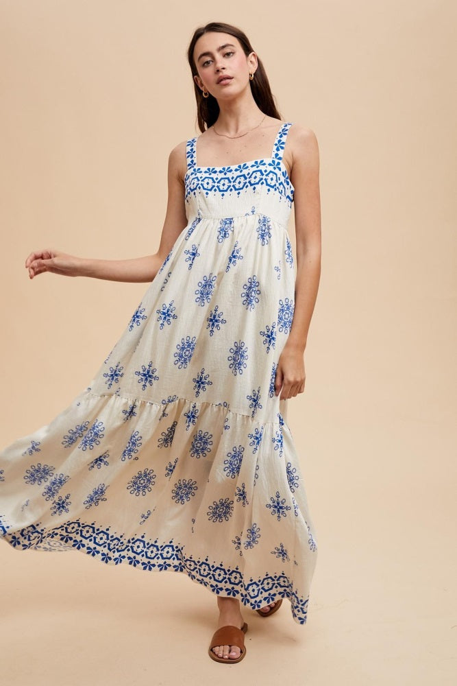 Blue Border Print Sleeveless Tiered Maxi Dress