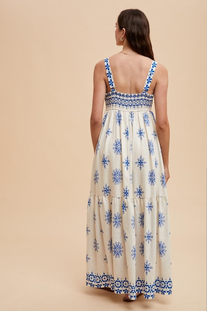 Blue Border Print Sleeveless Tiered Maxi Dress