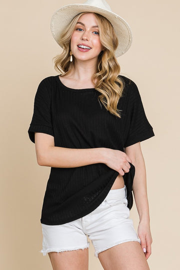 Black Ribbed Knit Short Sleeve Top
