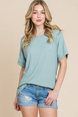 Light Olive Ribbed Knit Maternity Short Sleeve Top