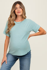Light Olive Ribbed Knit Maternity Short Sleeve Top