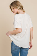 Ivory Ribbed Knit Short Sleeve Top