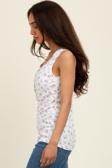 Lavender Floral Ribbed Button Front Tank Top