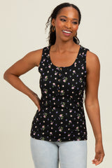 Black Floral Ribbed Button Front Tank Top