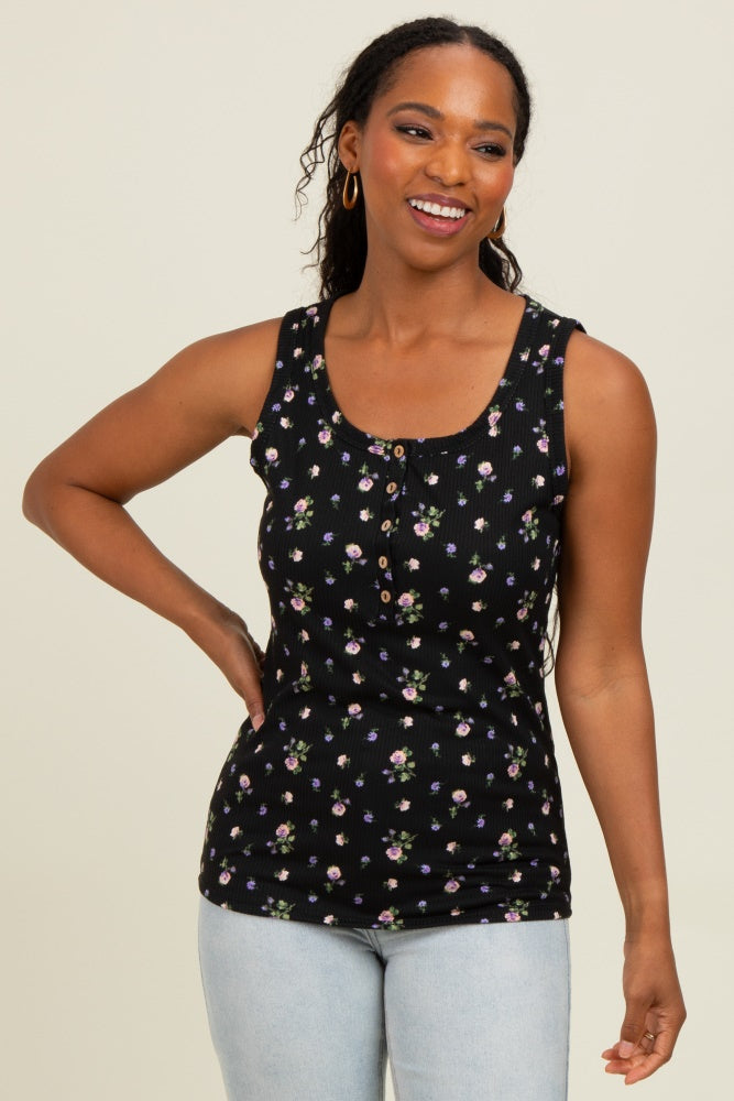 Black Floral Ribbed Button Front Maternity Tank Top