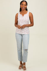 Ivory Floral Ribbed Split Neck Tank Top