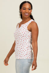 Ivory Floral Ribbed Split Neck Tank Top