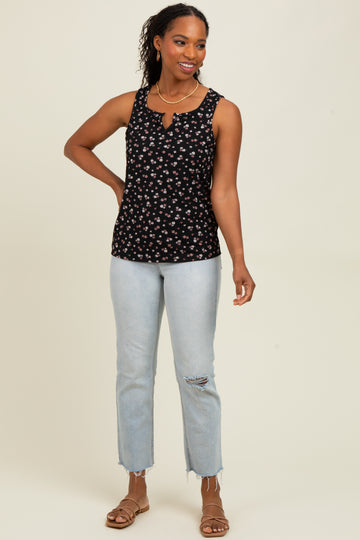 Black Floral Ribbed Split Neck Tank Top