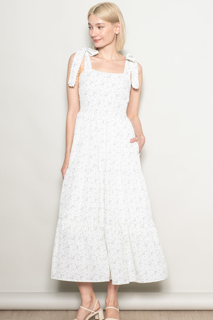 Ivory Floral Lace Trim Shoulder Tie Maternity Maxi Dress