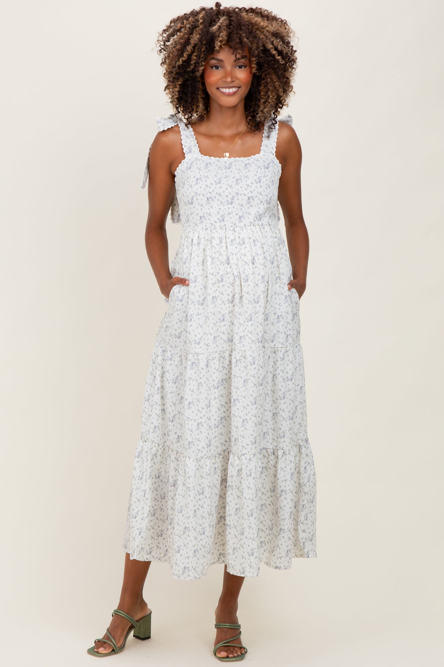 Ivory Floral Lace Trim Shoulder Tie Maternity Maxi Dress