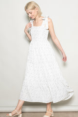 Ivory Floral Lace Trim Shoulder Tie Maxi Dress
