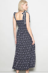 Black Floral Lace Trim Shoulder Tie Maxi Dress