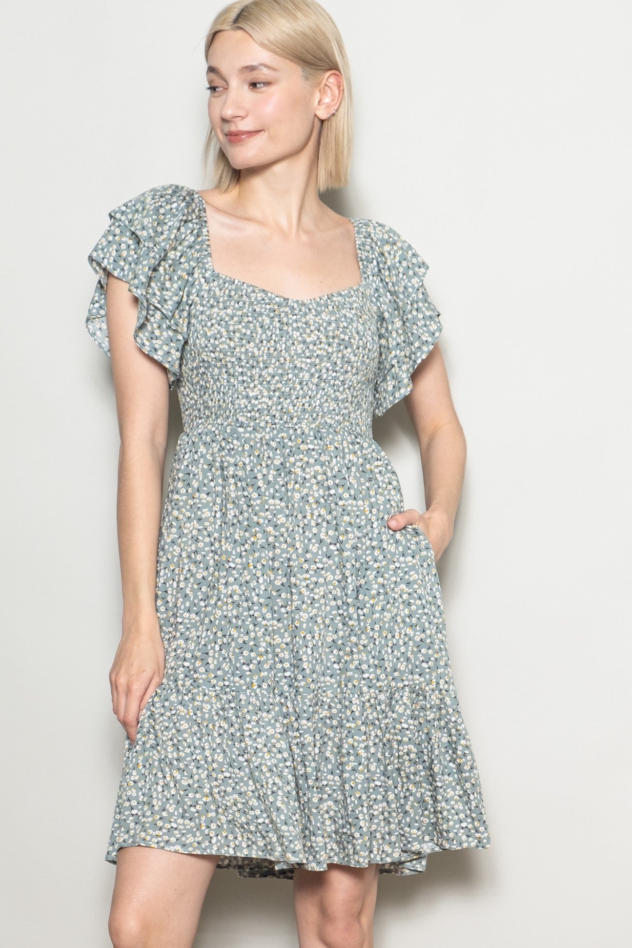 Light Olive Floral Smocked Flutter Sleeve Dress