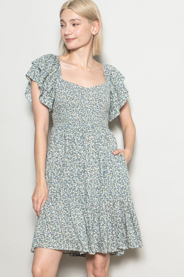 Light Olive Floral Smocked Flutter Sleeve Dress