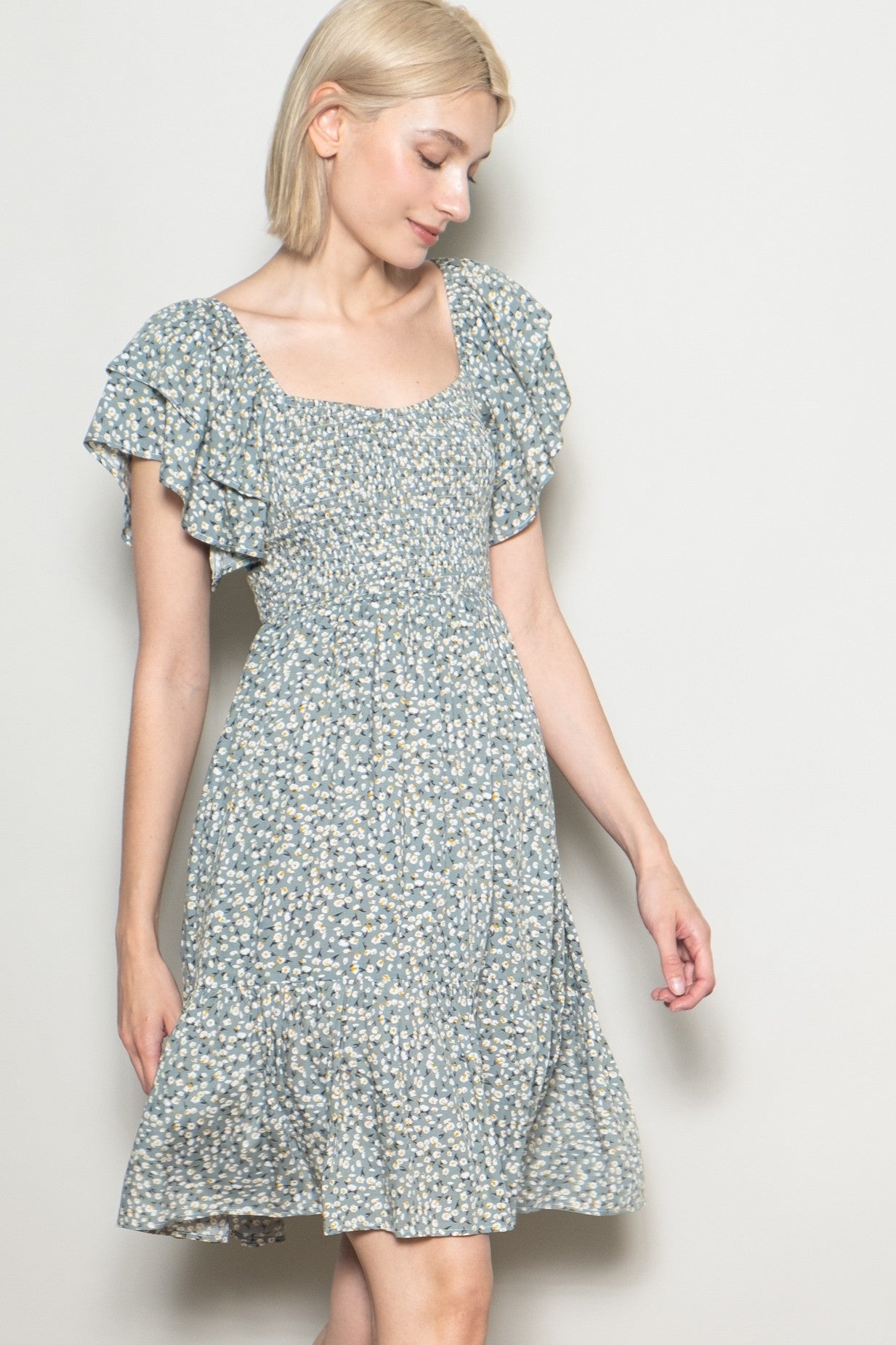 Light Olive Floral Smocked Flutter Sleeve Dress
