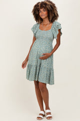 Light Olive Floral Smocked Flutter Sleeve Maternity Dress