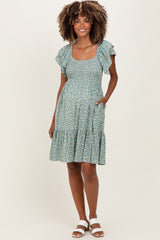 Light Olive Floral Smocked Flutter Sleeve Maternity Dress