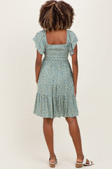 Light Olive Floral Smocked Flutter Sleeve Maternity Dress