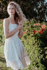 Ivory Floral Smocked Waist Ruffle Accent Dress