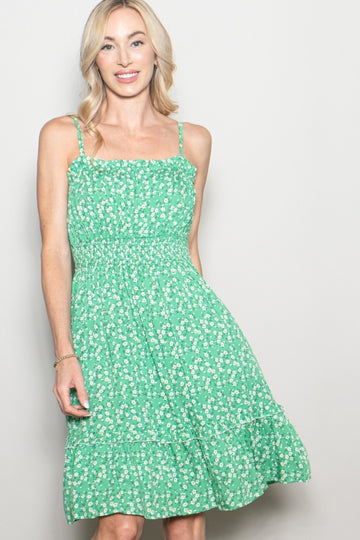 Green Floral Smocked Waist Ruffle Accent Dress