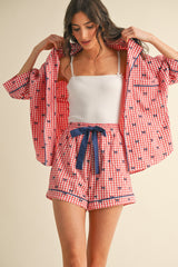 Red Bow Print Gingham Pajama Short Set