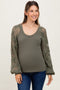 Olive Floral Lace Balloon Sleeve Maternity Top