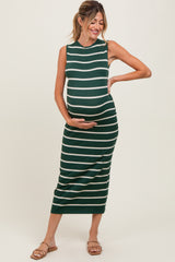 Forest Green Striped Sleeveless Knit Maternity Midi Dress