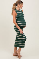 Forest Green Striped Sleeveless Knit Maternity Midi Dress