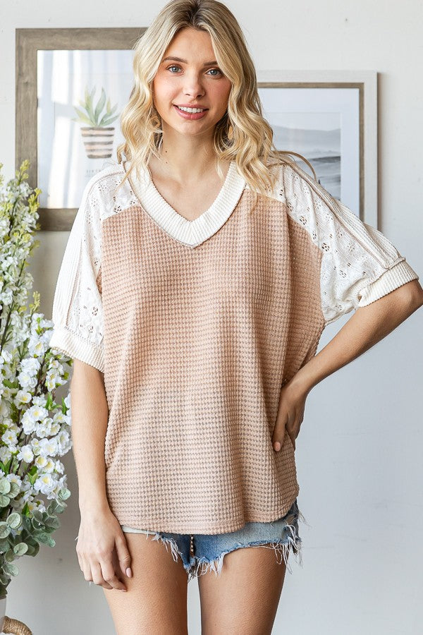 Beige Lace Inset V-Neck Short Sleeve Top