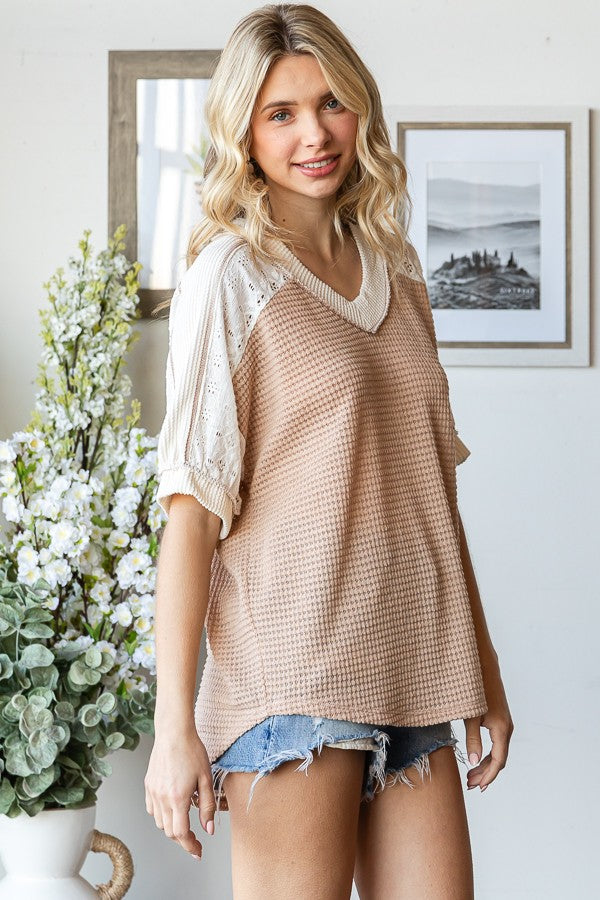 Beige Lace Inset V-Neck Short Sleeve Top