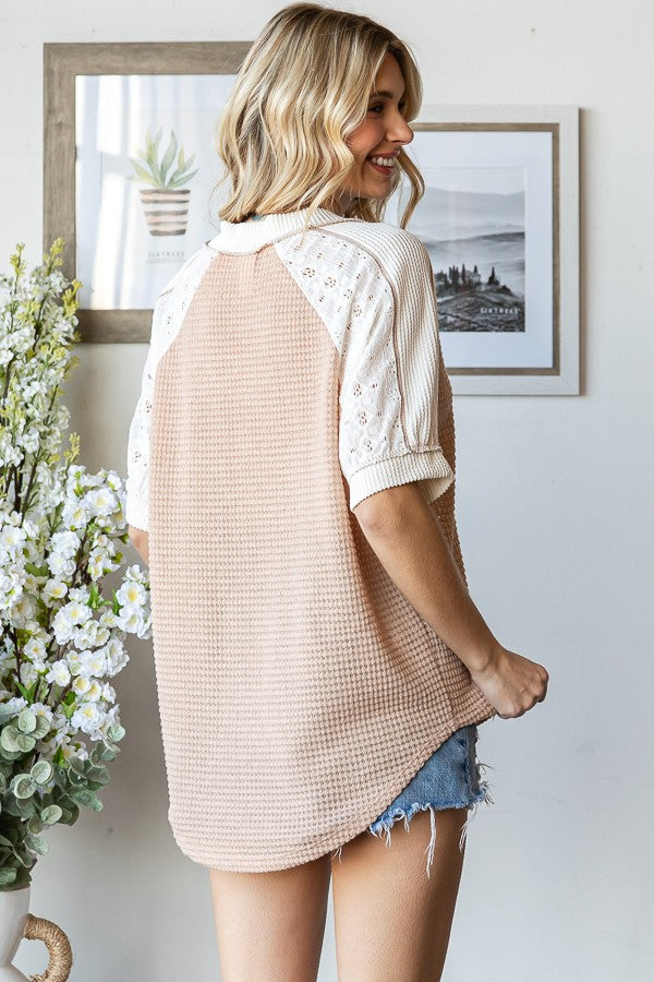 Beige Lace Inset V-Neck Short Sleeve Top