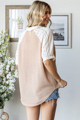 Beige Lace Inset V-Neck Short Sleeve Top