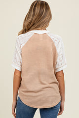 Beige Lace Inset V-Neck Short Sleeve Maternity Top