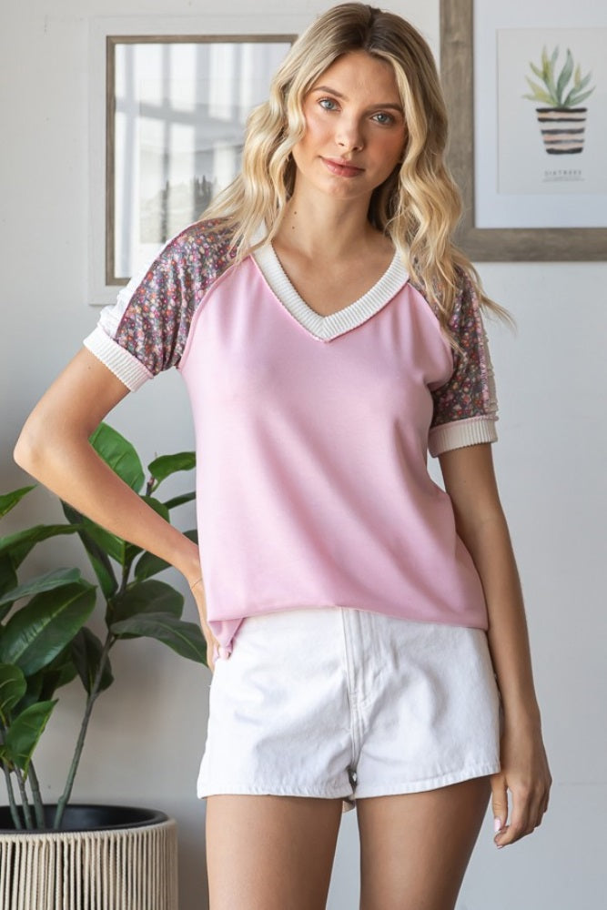 Pink Floral Contrast Short Sleeve Top