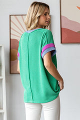 Green Ribbed Colorblock Detail Short Sleeve Top