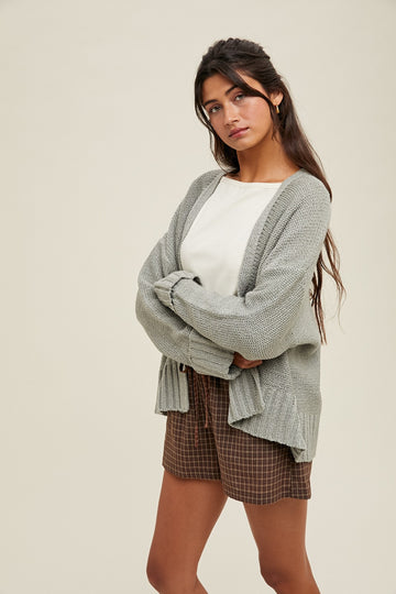 Light Olive Contrast Knit Open Cardigan