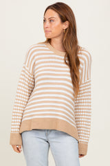 Taupe Striped Dot Contrast Knit Sweater