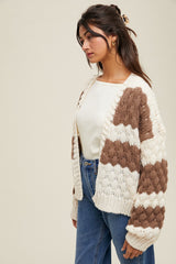 Brown Colorblock Chunky Knit Open Cardigan