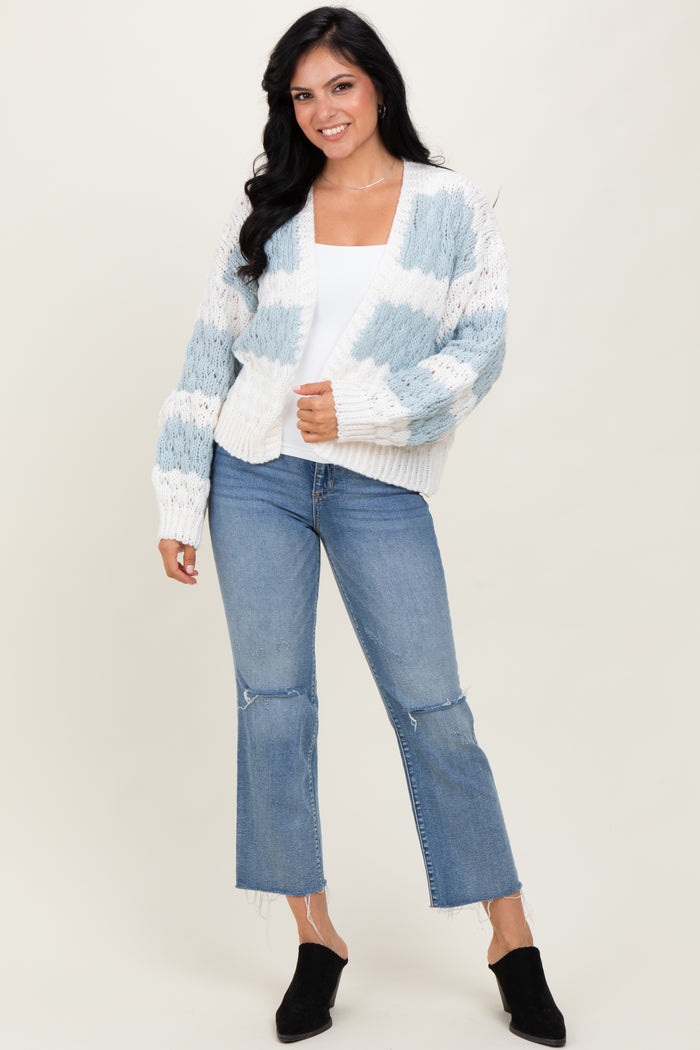 Light Olive Colorblock Chunky Knit Open Cardigan