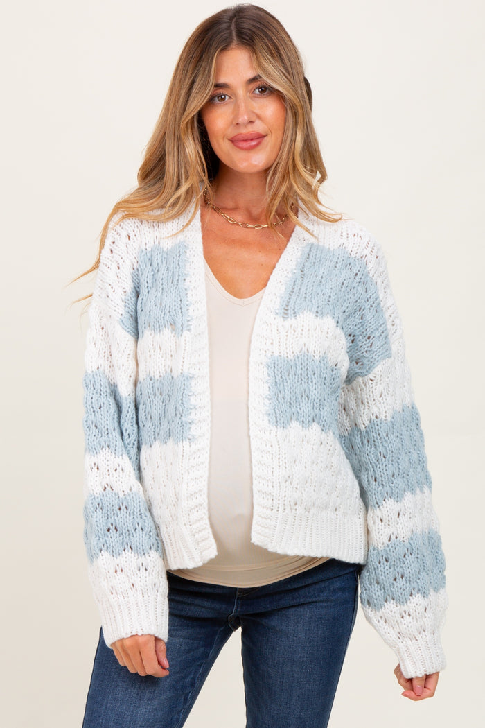 Light Olive Colorblock Chunky Knit Open Maternity Cardigan