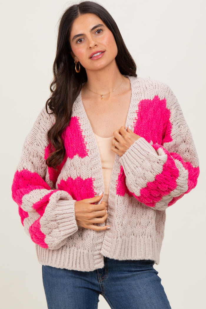 Pink Colorblock Chunky Knit Open Maternity Cardigan